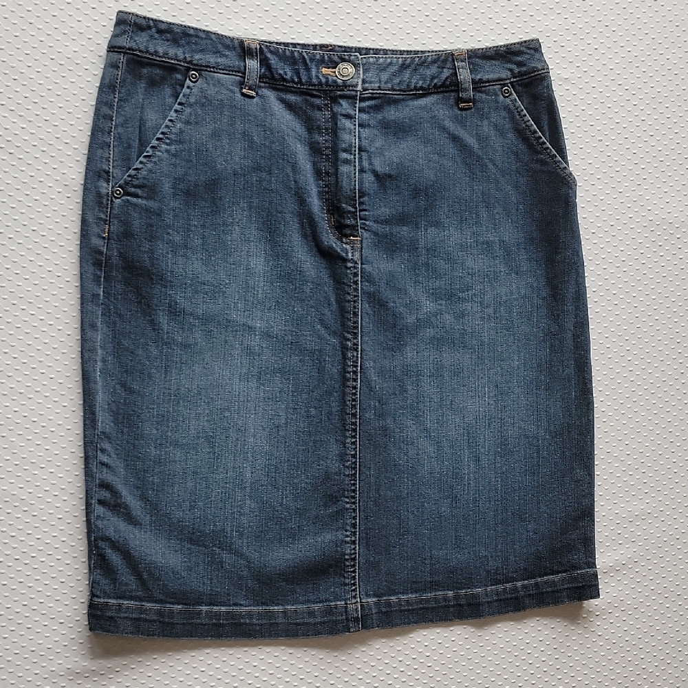 Talbots Blue Dark Wash Cotton Denim Pencil Midi KneeLength Skirt 4 Pocket Size 8